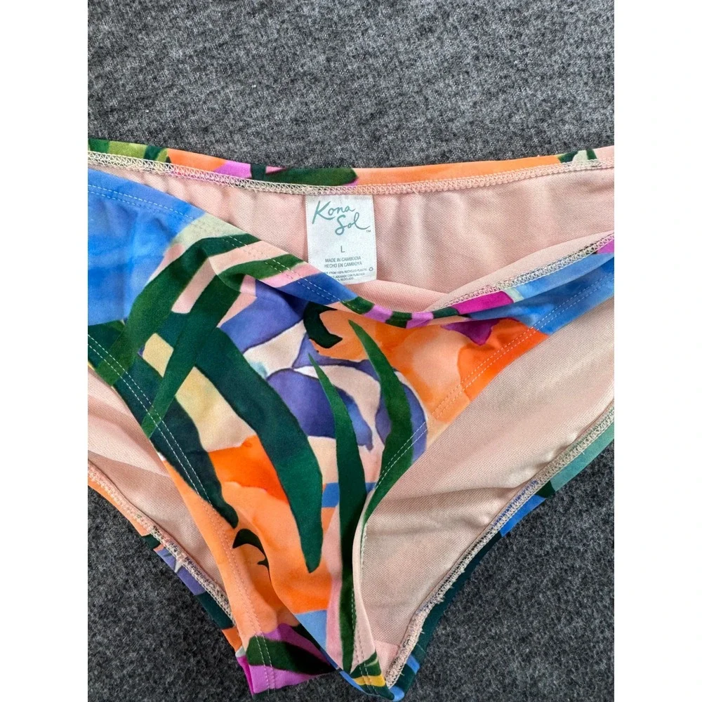 Kona Sol Tropical Floral Bandeau Bikini Set Blue Orange M Top L Bottoms